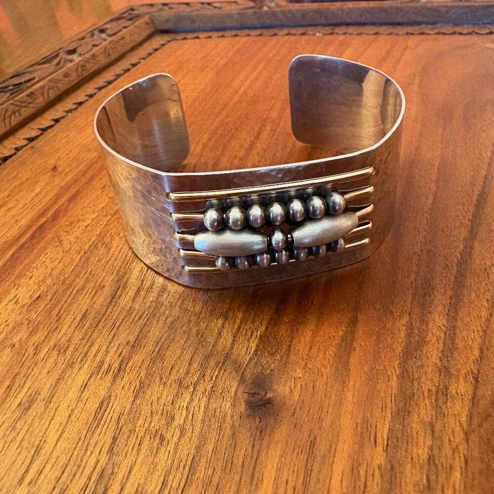 New Sundance Hammered Sterling Silver Bead & Gold Accent Wide Cuff Bracelet NIB